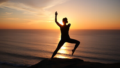 Silhouette of a woman in graceful pose against a vibrant ocean sunset