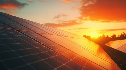 Solar panels gleam at sunset showcasing renewable energy and sustainability efforts