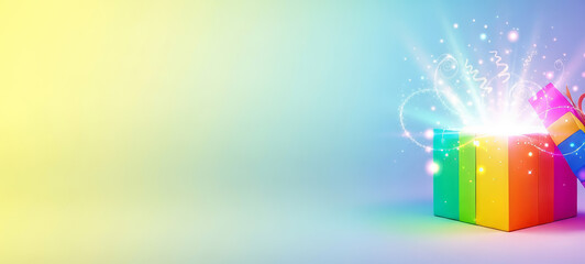 Colorful Gift Box Bursting With Sparkling Light on a Soft Rainbow Gradient Background