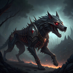 A menacing armored wolf-like creature with glowing red eyes stalks through a dark, eerie fantasy forest with glowing embers.
