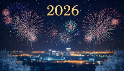 Celebrate the New Year 2026 with stunning fireworks over a snowy cityscape scene