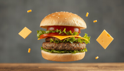 Juicy cheeseburger with lettuce tomato and cheese slices floating