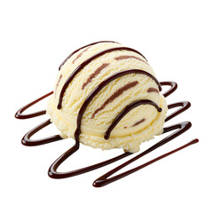 Vanilla ice cream scoop with chocolate syrup topping on black background