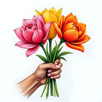 Hand Holding a Bouquet of Spring Flowers