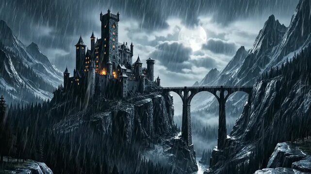 A dark gothic castle on a cliff during a rain storm at night. An epic fantasy landscape with a full moon and a stone bridge. Animated illustration