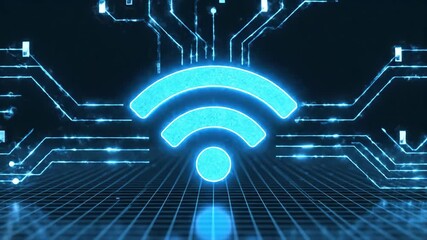 Glowing blue WiFi symbol animating on a digital grid background. Wireless internet connection icon with circuit board lines. High-tech network concept - Powered by Adobe