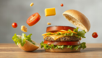 Deconstructed burger with floating ingredients and cheese