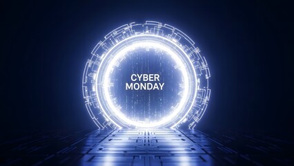 Cyber Monday digital portal with glowing neon light effect, futuristic technology concept.