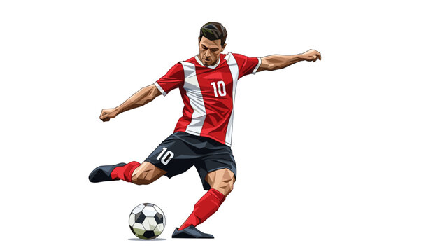 Dynamic male soccer player kicking ball in geometric style with red and white uniform - Powered by Adobe