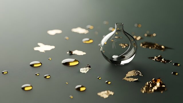 Closeup of a clear glass laboratory flask surrounded by small droplets and flakes of shiny gold liquid or metal on a dark, smooth surface