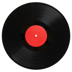 Vinyl record with red label against a dark background close up