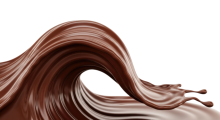 Close-up of a flowing wave of rich, dark chocolate against a white background.