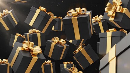 Vertical video of black and gold gift boxes falling. Luxury presents with shiny ribbons in a seamless animation. Holiday celebration and Black Friday sale concept - Powered by Adobe