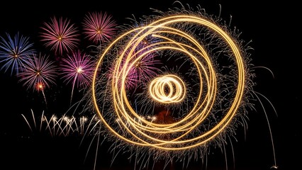 A mesmerizing display of circular light trails and vibrant fireworks illuminating the night sky.