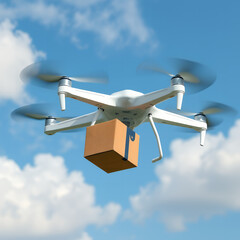 Drone delivering package in a cloudy blue sky