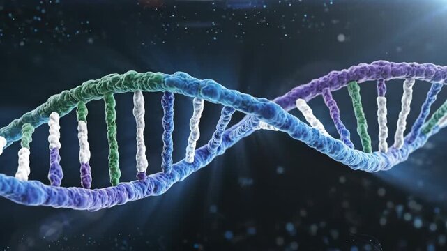Abstract 3D animation of a rotating DNA strand. A close-up of a double helix structure on a dark background. Genetics, biology, and medical science concept