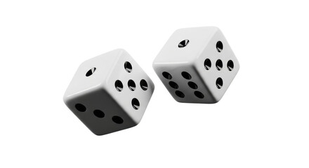 hyperrealistic macro close-up of two white d6 dice caught mid-throw with sharp rim lighting, detailed black pips against a transparent background. Decisive moment of fate