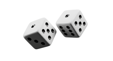 hyperrealistic macro close-up of two white d6 dice caught mid-throw with sharp rim lighting, detailed black pips against a transparent background. Decisive moment of fate