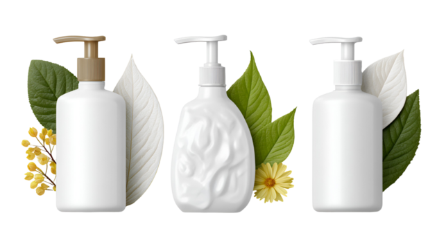 Three white lotion pump bottles with leaves and flowers isolated on transparent background