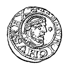 Silver denarius coin of Emperor Henry IV, minted in Duisburg featuring armored royal portrait, rare medieval Germanic currency, old vintage illustration, 1899.