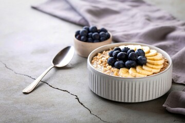 Healthy oatmeal bowl topped with blueberries and bananas