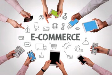 Hands holding credit cards and phones around e commerce concept