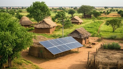 Solar panels powering a rural african village with traditional mud huts homes