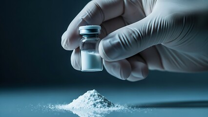 Scientist holding vial of white powder with pile on reflective surface