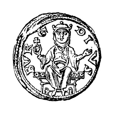 Silver denarius coin of Emperor Henry IV, minted in Duisburg featuring enthroned imperial figure with scepter and orb, representative of Salian dynasty coinage, old vintage illustration, 1899.