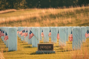 Rows of american flags honor fallen soldiers at a cemetery