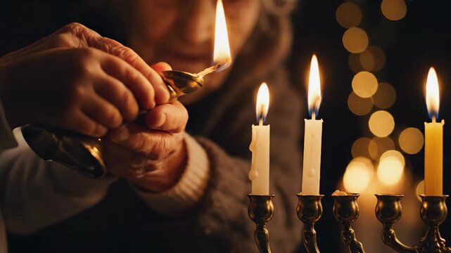 Grandmother and child's hands lighting Hanukkah menorah candles. A family celebrating the Jewish Festival of Lights together. Intergenerational religious tradition