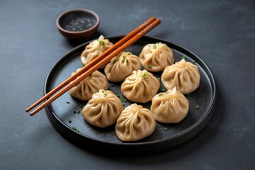 Steamed dumplings served on a dark plate with chopsticks and dipping sauce