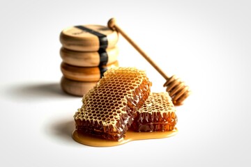 Sweet honeycomb and biscuits with a wooden honey dipper