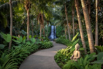 Tranquil jungle path leading to a serene waterfall with a buddha statue
