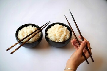 Two bowls of rice with chopsticks and a hand