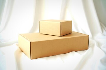 Two cardboard boxes stacked on a white fabric background