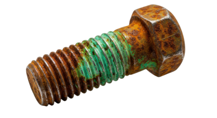 Close-up shot of a rusty bolt with green corrosion, showing thread and head details.
