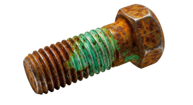 Close-up shot of a rusty bolt with green corrosion, showing thread and head details.