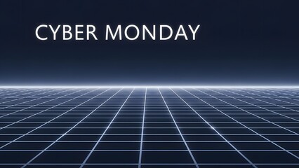 Cyber Monday text over a futuristic digital grid landscape.