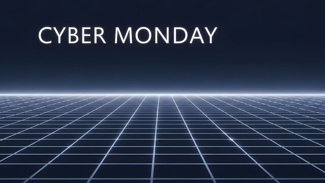 Cyber Monday text over a futuristic digital grid landscape. - Powered by Adobe