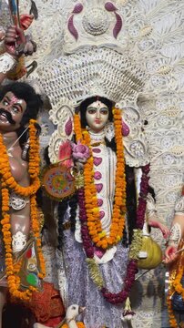 Subho mahalaya, Video of an handmade colorful idol of Goddess Durga  installed in decorated colorful Pandal during navratri festival. 