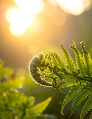 Close-up of a fern frond unfurling in golden sunlight, with a soft bokeh background and vibrant, backlit leaves