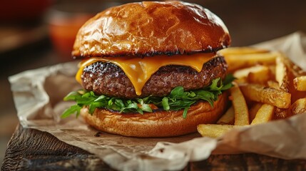 Delicious cheeseburger with fresh arugula and crispy fries on rustic wood table