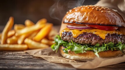 Delicious cheeseburger with fresh toppings and golden fries on a wooden surface