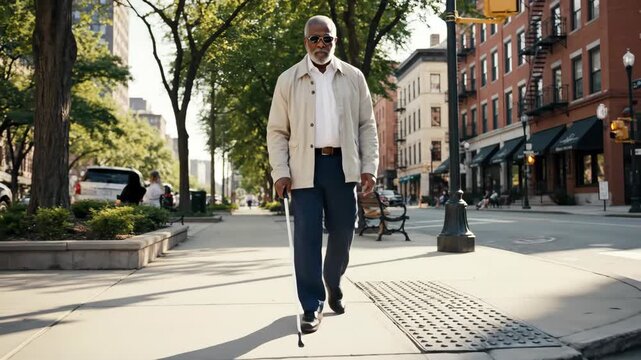 A blind senior man walking on a city sidewalk with a white cane. Visually impaired person navigating an urban environment. Independence and accessibility concept