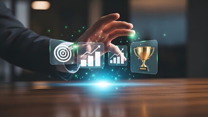 Business strategy icons of achievement, growth and goal with light beam