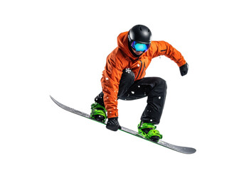 Young athletic male snowboarder in high-vis orange jacket performing method air grab, frozen mid-air against a transparent void with dramatic rim light. Concept of controlled winter athleticism