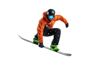 Young athletic male snowboarder in high-vis orange jacket performing method air grab, frozen mid-air against a transparent void with dramatic rim light. Concept of controlled winter athleticism