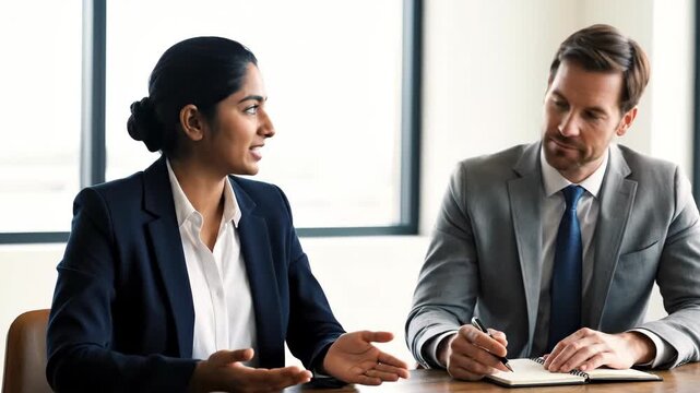 A female candidate talking to a male interviewer during a job interview. Businessman listens and takes notes in a modern office. Recruitment and hiring concept