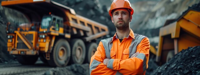 Construction Worker in Safety Gear Standing in Front of Heavy Machinery at Mining Site